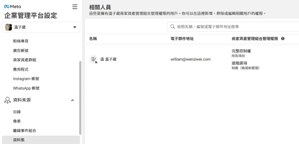 到你的【企業管理平台設定】這邊,找到資料來源,點【資料集】