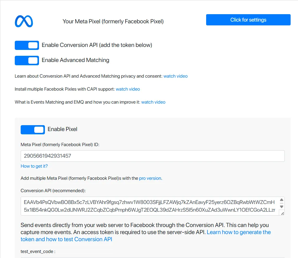 上面 Enable conversion API 打開、Enable advanced matching 打開。
下面那個 Enable pixel 打開,把你複製的像素編號貼到 Meta pixel ID。
把你複製的權杖貼到 Conversion API,滑到最下面按儲存。